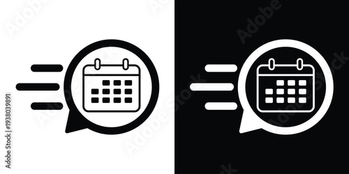 Calendar icon inside a speech bubble with speed lines. Professional black and white vector design representing quick scheduling, fast booking, deadlines, and time management.
