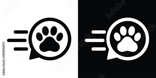 Animal paw print icon inside a speech bubble with motion streaks. Modern black and white vector for fast pet delivery, emergency veterinary services, or quick grooming care.