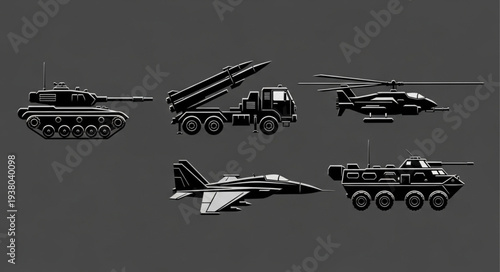 Collection of Military Vehicles and Aircraft Icons.