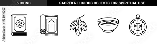 Ramadan and Islamic religious symbols for spiritual branding. Minimalist monoline pictograms featuring dates, Quran, prayer rug, qibla compass, and soup bowl.