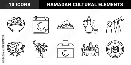 Ramadan and Islamic cultural traditions featuring dates, prayer, and lunar observation. Clean monoline pictograms for religious holiday storytelling.