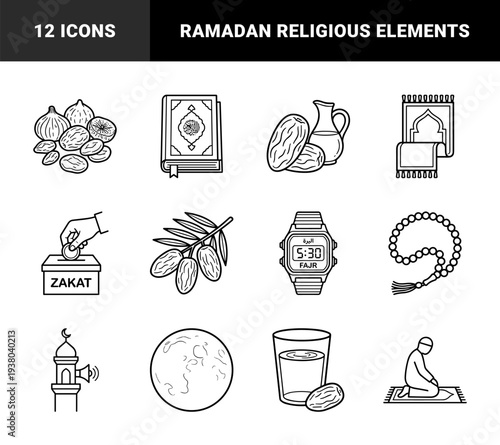 Ramadan and Islamic religious observance elements featuring prayer rug, Quran, dates, zakat charity box, and moon in clean monoline style.