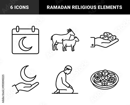Islamic religious holiday and Ramadan traditions featuring crescent moon, prayer, dates, and sacrificial livestock. Monoline black and white pictograms.