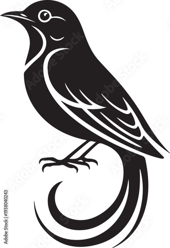 Stylized black Nightingale  silhouette perched with decorative tail feathers on white background