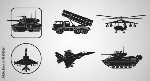Collection of military vehicle silhouettes including tanks and aircraft.
