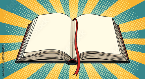 An open book lies flat on a vibrant background with yellow and blue rays radiating outward from the center