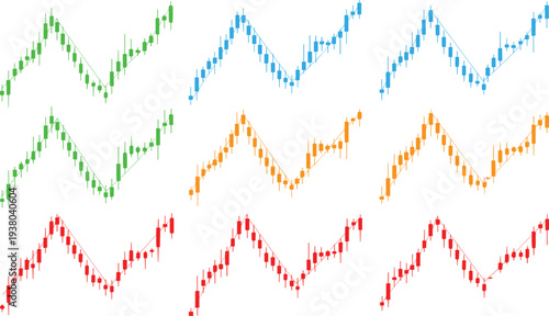 Stock market candlestick charts collection showing financial trading trends analysis forex cryptocurrency investment data visualization illustration isolated on white background