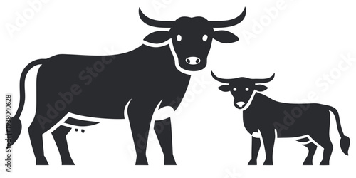 Bull and Calf Silhouette Set - Minimalist Farm Livestock Vector Illustrations
