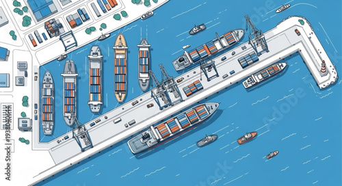 Aerial View of a Busy Shipping Port with Cargo Ships Docked.