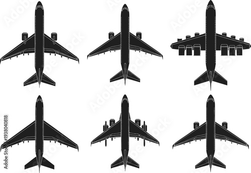 Airplane silhouette set, commercial passenger aircraft top view collection, black aviation vector illustration isolated on white background design