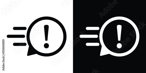 Fast exclamation mark in a speech bubble. Minimalist black and white vector symbol for urgent messages, quick alerts, and immediate system notifications.