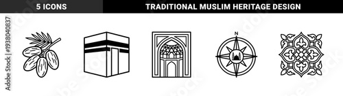Islamic heritage and religious tradition symbols in bold monoline style. Cultural illustrations featuring mihrab architecture, dates fruit, Kaaba, arabesque pattern, and Qibla compass.