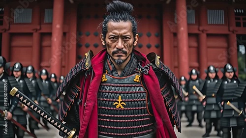 Brave samurai warrior in full armor standing at a temple entrance