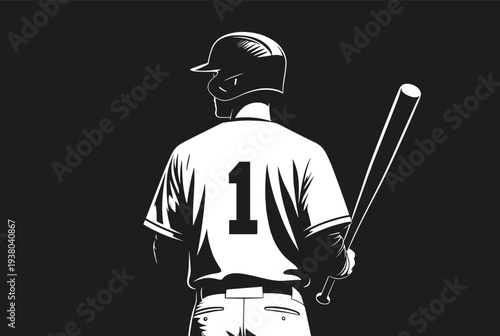 Back view of a baseball player wearing jersey number one and helmet holding a bat on a black background illustration