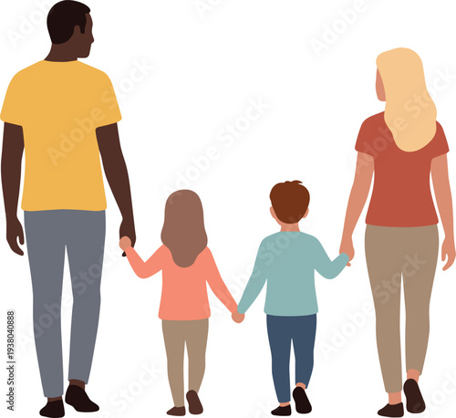 Back view of a diverse family with two children holding hands while walking together in a flat vector style illustration