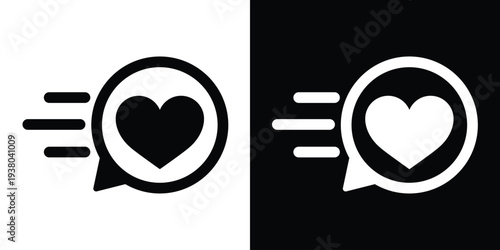 Heart symbol inside a moving chat bubble icon. Clean vector set showing fast love, quick likes, social media reaction, and speedy communication of care or favorite status.