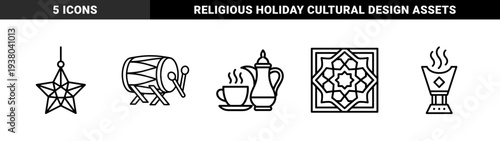Ramadan cultural symbols and Islamic celebration elements featuring Arabic coffee pot, star lantern, prayer drum, and incense burner in bold monoline style.