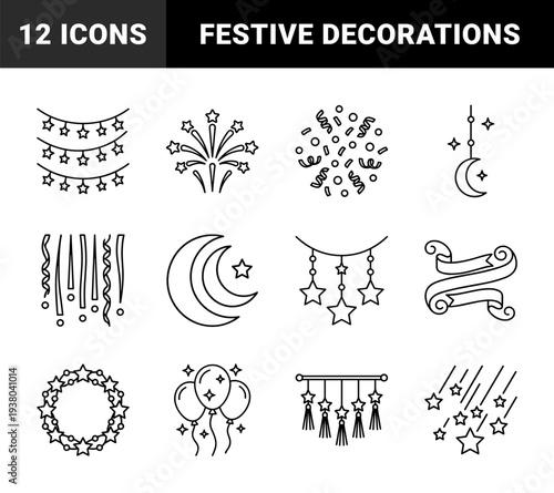 Festive celebration and party decoration elements featuring celestial motifs. Monoline graphic ornaments including stars, moons, lanterns, and confetti for event design.