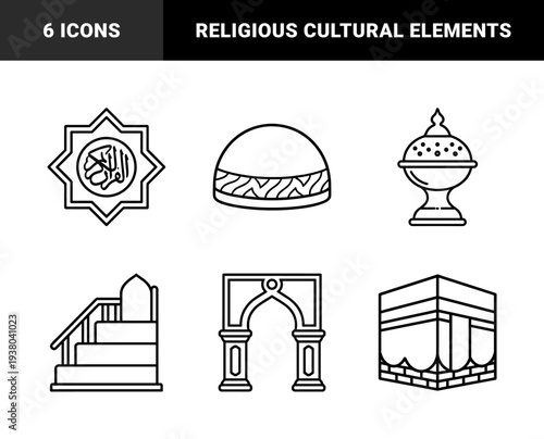 Islamic religious symbols and pilgrimage landmarks in a clean monoline style. Minimalist geometric illustrations featuring the Kaaba, Quran calligraphy, and mosque architecture.