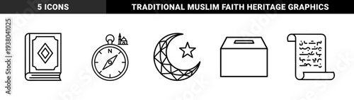 Islamic religious symbols and cultural heritage elements in a bold monoline style. Minimalist geometric pictograms featuring Ramadan crescent, qibla compass, and Quran.