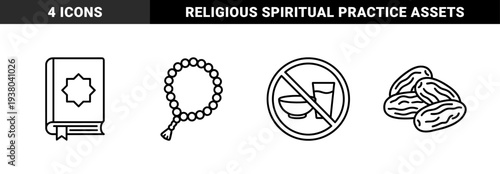 Ramadan spiritual observance and fasting traditions in bold monoline style featuring Quran holy book prayer beads dates and abstaining from food.