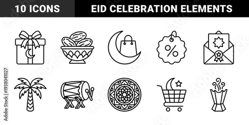 Ramadan and Eid shopping celebratory symbols. Monoline black and white pictograms featuring crescent moon, dates, gift box, and cultural festivities.