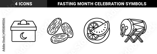 Ramadan cultural symbols and Islamic religious traditions in a bold monoline style. Minimalist line art featuring dates, charity box, fruit platter, and bedug drum.