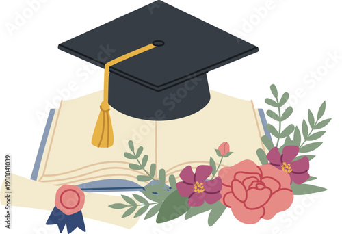Graduation Cap On Book Floral