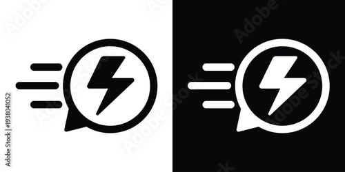 Electric lightning bolt icon with speed lines in a speech bubble. Modern vector design symbolizing fast charging, quick energy, power, instant messaging, and rapid performance.