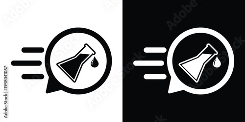 Erlenmeyer flask icon with a droplet and motion lines. Vector graphic representing fast lab results, rapid science, chemical testing, and quick medical or research updates.