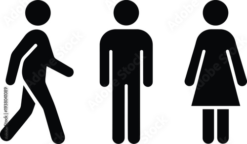 Black set of man walking standing and woman silhouette icons for bathroom signs public wayfinding and gender navigation vector symbols