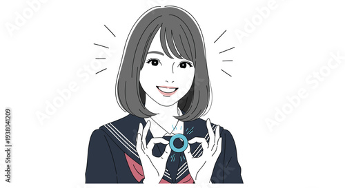 Happy schoolgirl in a sailor style uniform holding a glowing blue ring with both hands and smiling towards the camera.