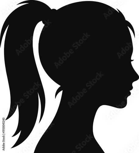 Black silhouette of a young girl head in profile view with a high ponytail isolated on white background for beauty