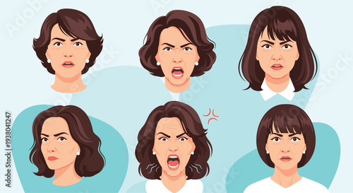 Set of different angry and frustrated facial expressions of a middle-aged woman with short brown hair on a light blue background.