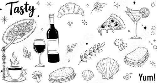 Hand drawn food doodles set pasta pizza wine sandwich coffee croissant cocktail line art vector illustration