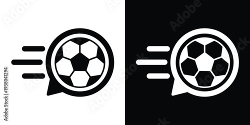 Minimalist soccer ball icon in a speech bubble with speed lines. Black and white vector set representing fast sports news, live match scores, and rapid football updates.