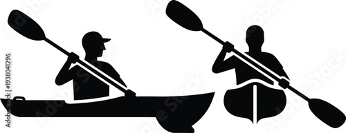 Black silhouette of male kayakers paddling in kayaks on water isolated on white background for outdoor adventure and summer sports recreation