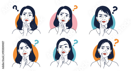 Set of diverse facial expressions of a mature woman showing confusion and deep thought with a question mark in colorful circles.