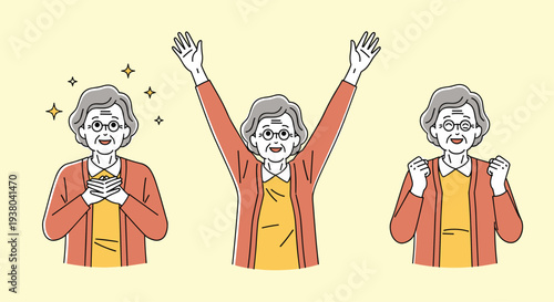 Cheerful elderly woman with gray hair and glasses expressing joy, excitement, and success with her arms raised on a yellow background.