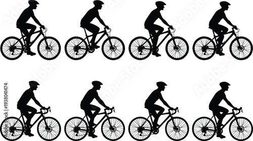 Black silhouette set of mountain and road bike cyclists riding in various positions for sports fitness and outdoor adventure concepts