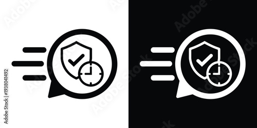 Protection shield with checkmark and clock icon in a speed bubble. Symbol for fast security, insurance, time-sensitive protection, or rapid technical support and safety services.