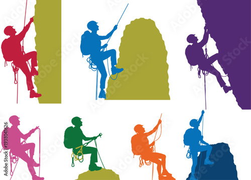 Colorful Rock Climbing Silhouette Vector Set Featuring Mountaineers Rappelling and Scaling Cliffs for Adventure Sports Design and Outdoor Activity Concepts