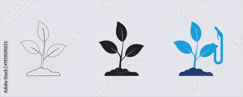 Set of vector solid black icon of a young plant sprout growing from a mound of soil