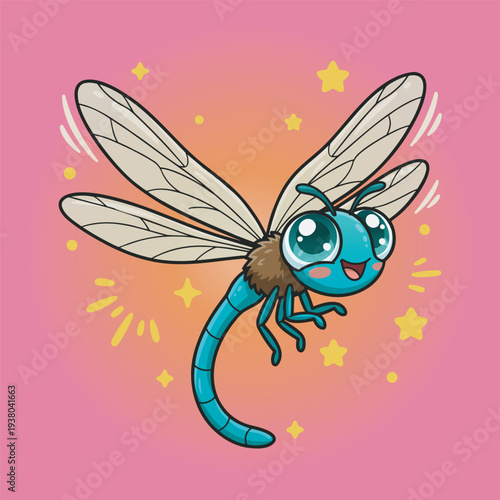 Cute Cartoon Dragonfly Flying with Sparkles