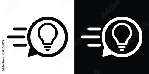 Lightbulb icon with speed lines in a speech bubble. Symbolizes fast ideas, quick thinking, rapid innovation, instant inspiration, and express creative solutions. Minimalist vector.