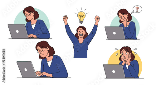 Mature woman with glasses and short brown hair using a laptop while experiencing different emotions like confusion, worry, and joy.