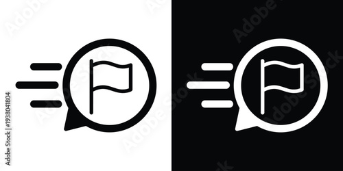 Dynamic flag icon inside a speed bubble. Vector symbol for fast success, quick targets, rapid goal achievement, and express milestone completion. Minimalist black and white design.