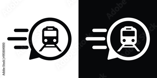 Train locomotive icon with motion lines in a speech bubble. Represents rapid rail transport, fast commuting, express subway service, and modern urban mobility. Vector graphic.