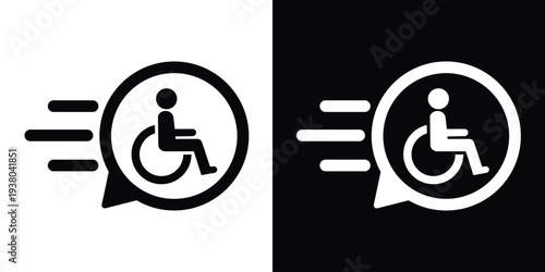 Disabled person in wheelchair icon with speed lines in a speech bubble. Black and white set symbolizing fast accessible transport and medical mobility services for people with disabilities.
