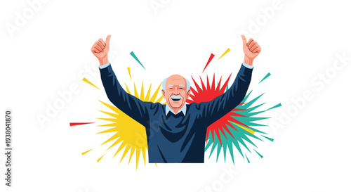 Joyful elderly man with glasses giving a double thumbs up with a big smile and colorful explosions in the background.